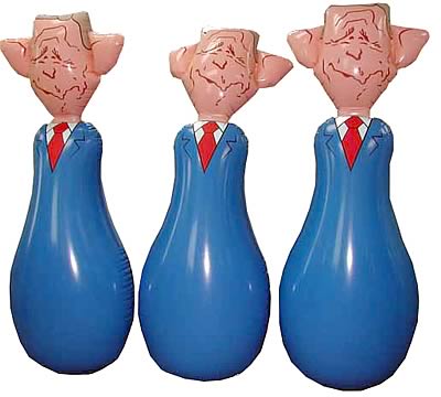 5-Foot George W. Bush Bop Bag - Every once in a while, don't you want to let the President know how you feel? Then you need the 5-foot tall George W. Bush bop bag! This inflatable punching bag is made of sealed PVC and features a screw-plugged water pouch at its base to keep Bush coming back for more.