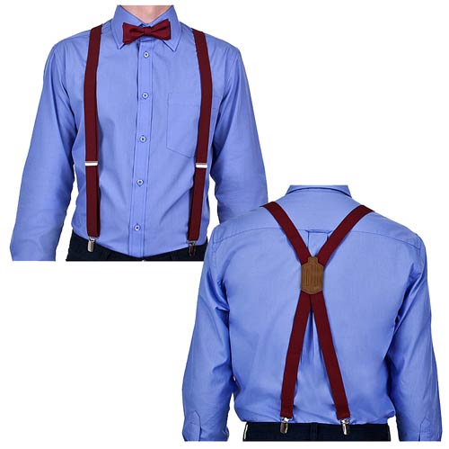 Features a beautifully embossed leather patch in the center! Matches the Eleventh Doctor Bow Tie (sold separately). In burgundy with 4 metal clips and quality elastic. In burgundy with 4 metal clips and quality elastic, it's the Doctor Who Eleventh Doctor Suspenders! Designed to match perfectly with the Eleventh Doctor's burgundy bow tie (sold separately), these beautiful suspenders even boast an embossed leather patch in the center of the back to perfectly recreate the look of Matt Smith's fashionable Eleventh Doctor from BBC's Doctor Who TV series. You'll never have to worry about your trousers malfunctioning at that next posh shindig again when you're sporting these Doctor Who Eleventh Doctor Suspenders! Size Approx. Height S/M 5-feet to 5-feet 9-inches L/XL 5-feet 9-inches to 6-feet 2-inches XXL 6-feet 1-inch
