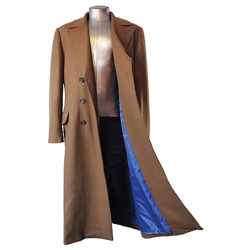 Officially licensed time-travel gear! Trench coat based on the 10th incarnation of the Doctor, played by David Tennant. Designer-quality replica! Based on the 10th incarnation of the Doctor (played by David Tennant), this designer-quality coat is bound to be your favorite everyday garment! The replica trench coat, officially licensed by BBC Worldwide and available in a very limited run, features high-quality wool-blend fabric, deep-blue lining (color-matched to the costume coat), double-breasted buttoning, detailed stitching on the back, two inside chest pockets, outside welt pockets with flaps, and a Doctor Who woven label. Order your time-travel gear today! The outer shell of this long men's coat is a luxurious cinnamon-brown, wool-blend fabric. The dark blue-indigo lining is very lustrous, with a subtle herringbone pattern. There are two tangerine-colored welt pockets on the inside, made of the same silky fabric. The tenth incarnation of the Doctor fought for humanity with unparall