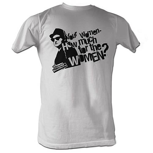 Strike a deal with The Blues Brothers! High-quality t-shirt featuring a classic quote from the film. Wear your favorite movies! The Blues Brothers Women T-Shirt. Brush up on your negotiating skills with this 100% cotton, high-quality white t-shirt. Machine washable. Order yours today! Shirt says: "Your women - How much for the women?" General Sizing Chart - Measurements not exact, some may vary. Size Small Medium Large X-Large XX-Large Chest Width 18-inches 20-inches 22-inches 24-inches 26-inches Shirt Length 28-inches 29-inches 30-inches 31-inches 32-inches