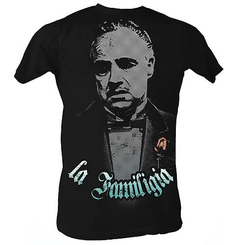 The gangsters portrayed in The Godfather are true O.G.s, the original La Familigia. And now, you can rep the O.G. Italian la Familigia with this Godfather La Familigia Black T-Shirt, which features a large image of the Don, Vito Corleone, on the front above the words "la Familigia"! Buy yours today!