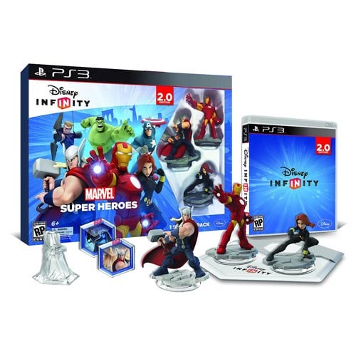 Your favorite superheroes from the Marvel universe come to Disney Infinity! This Disney Infinity 2.0 Marvel Superheroes Starter Pack for the PS3 includes: 1x Disney Infinity: Marvel Super Heroes (2.0 Edition) Video Game for Playstation 3 3x Marvel Super Heroes Figures: Iron Man, Thor, and Black Widow 1x Disney Infinity Base (2.0 Edition) 2x Toy Box Game Discs 1x Marvel's The Avengers Play Set piece 1x Web Code Card In Disney Infinity: Marvel Super Heroes, players will use real-world interactive Marvel figures to activate original storylines (Play Sets) in the virtual game worlds of some of Marvel's most popular franchises, including The Avengers . In the Play Sets - penned by award-winning Marvel comic writer Brian Michael Bendis - players will be able to take on the role of more than 20 Marvel characters including Captain America, Iron Man, Black Widow, Thor, Hulk, and Hawkeye to battle enemies, complete challenging missions, solve puzzles and ultimately save the world from destructi