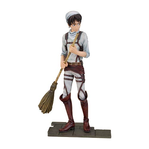 From the popular Attack on Titan anime and manga series comes this Eren Jaeger Cleaning Version Statue. Eren Jaeger comes with his broom in hand and stands 6 1/2-inches tall. Comes with tile floor display base. Ages 15 and up.