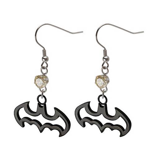 Batman Logo IP Black Cutout with Gem Dangle Hook Earrings