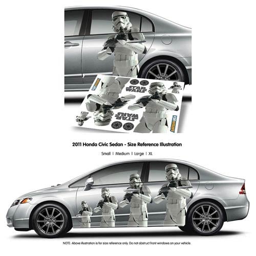 Take your vehicle from average to fantastic with FanWraps! This Star Wars Stormtrooper FanWraps Car Decal allows you to deck out your car with the staple meat shield of the Galactic Empire! This great set of decals includes 2 main decals of a Stormtrooper along with Galactic Empire logo decals and Star Wars logo decals - it's a must-have for fans of the iconic Star Wars series! Ages 15 and up. FanWraps decals can be used as partial vehicle wraps and are able to adhere to any automotive surface as well as most other surfaces throughout your home, office, apartment, or dorm room. FanWraps will stick to almost any type of surface you can think of! FanWraps are UV resistant and water proof; they're safe in car washes and leave the surface completely clean on removal. DIY instillation. table.tableizer-table {border: 1px solid #CCC; font-family: Arial, Helvetica, sans-serif font-size: 12px;} .tableizer-table td {padding: 4px;margin: 3px;border: 1px solid #ccc;}.tableizer-table th {backgroun