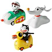 Vehicles > Nightmare Before Christmas - Race them around!  Which character is the fastest?    Cute and fun for all ages!  This set of 3 pieces may contain the following remote control vehicles: (subject to change):   1x Jacks Snowmobile  1x Zero  1x Vampire Teddy  These mini remote control cars are fun to drive around!  Each car features colorful designs of your favorite  Nightmare Before Christmas  character.   Each vehicle can move in 6 different directions from infrared controls.  The vehicle and controller are made in plastic and come window boxed.  The vehicle is approximately 2 1/2-inches tall x 1 1/2-inch wide x 2 1/2-inches long.: Sizes 