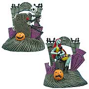 Statues > Nightmare Before Christmas - Celebrate Christmas and Halloween... any time of the year!    Deluxe resin bookends featuring Jack Skellington and Sally from  The Nightmare Before Christmas.     Fully painted and highly detailed!       The Nightmare Before Christmas Jack Skellington and Sally Resin Bookends will enable you to accessorize your office in true  NBX  style! Great for books, movies, or music, this set of deluxe bookends portrays a graveyard gate scene with Sally and cat on one side, and Jack hiding behind a tombstone on the other. Each fully painted and highly detailed piece measures approximately 5 1/2-inches tall x 4 3/4-inches wide x 3 1/2-inches long. With these, you can celebrate Christmas and Halloween any time of the year!: Sizes 