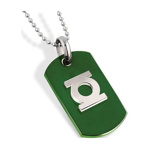 Green Lantern Silver Emblem Green Dog Tag Necklace