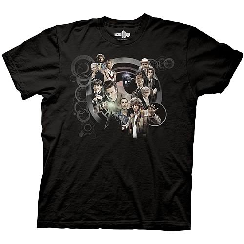 Doctor Who All Doctors and TARDIS Collage Black T-Shirt