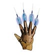 Nightmare on Elm Street Freddy Krueger Syringe Glove.  From A Nightmare on Elm Street 3: Dream Warriors, it's the Nightmare on Elm Street Freddy Krueger Syringe Glove! This glove inspired by the horror movie features copper metallic articulated fingers and plastic syringes that light up in blue. The plastic glove features a copper metallic paint deco. Whether you want to use these as part of a Halloween costume or as display at home, you'll love the realistic replication of the Nightmare on Elm Street Freddy Krueger Syringe Glove! Requires 3x 