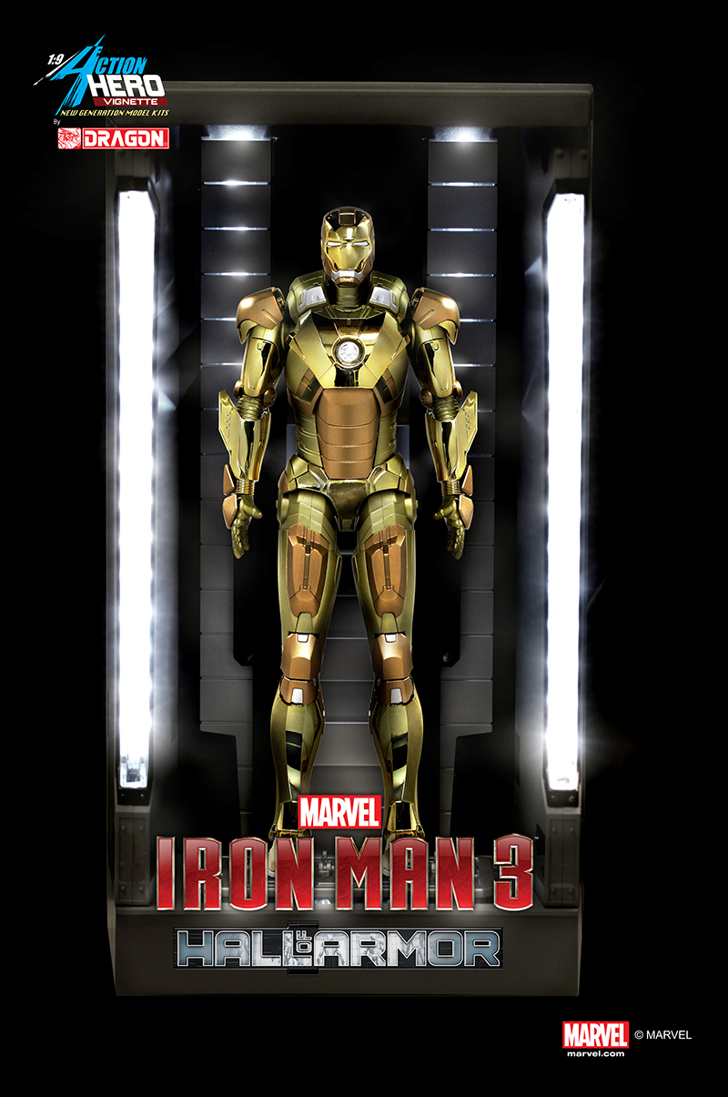 Iron Man 3 Mark 21 Action Hero Vignette with Lighted Hall of Armor 1:9 Scale Pre-Assembled Model Kit